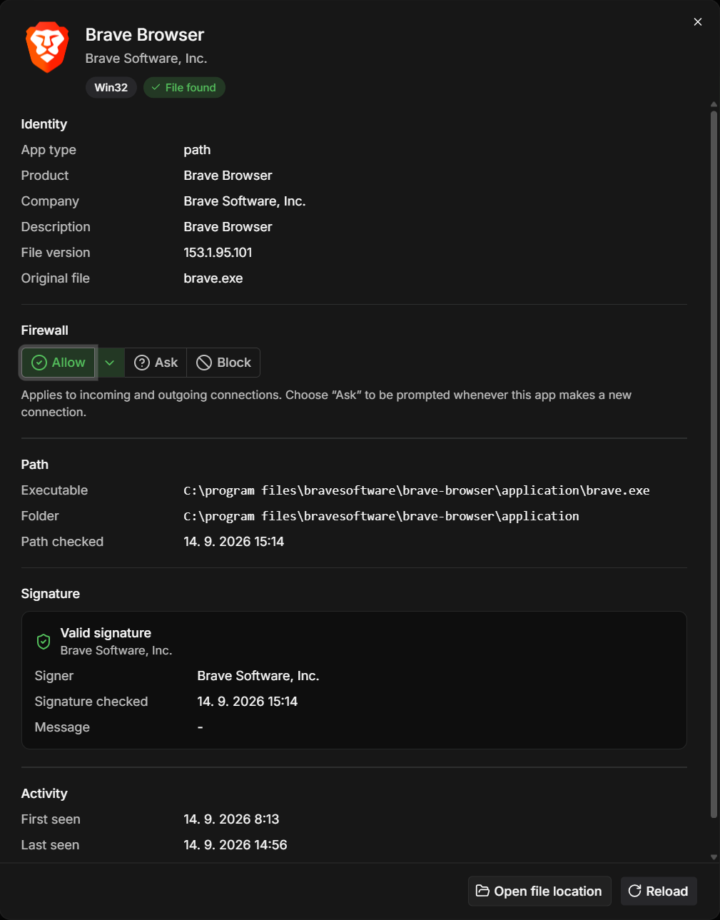 The app details window of Brave Browser