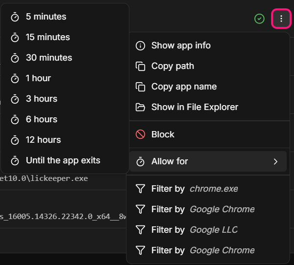 The app actions menu of an allowed app with the Allow for durations open