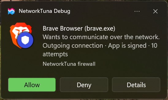 A NetworkTuna notification asking whether Brave Browser may use the network
