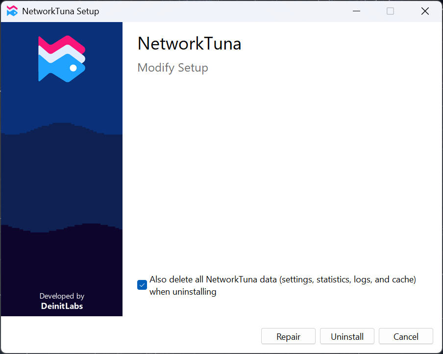 NetworkTuna Setup with the option to delete all NetworkTuna data
