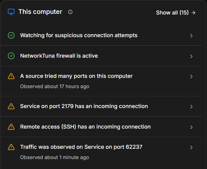 The This computer panel: detection is on, and a device tried many ports on this PC. The This computer panel on the Overview