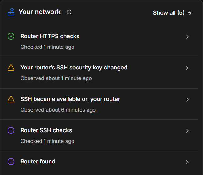 Your network: the router's SSH key changed, and its SSH became available a few minutes before. The Your network panel while a changed SSH key waits for review