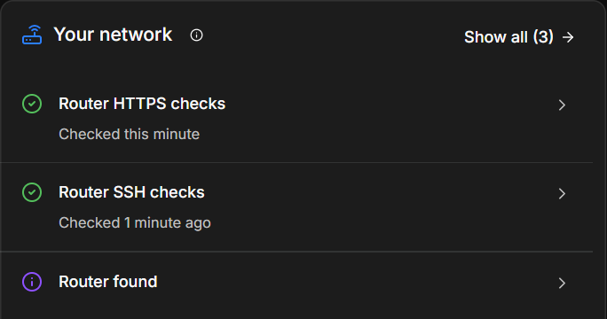 Your network: the router's HTTPS and SSH keys match the remembered keys. The Your network panel with router checks
