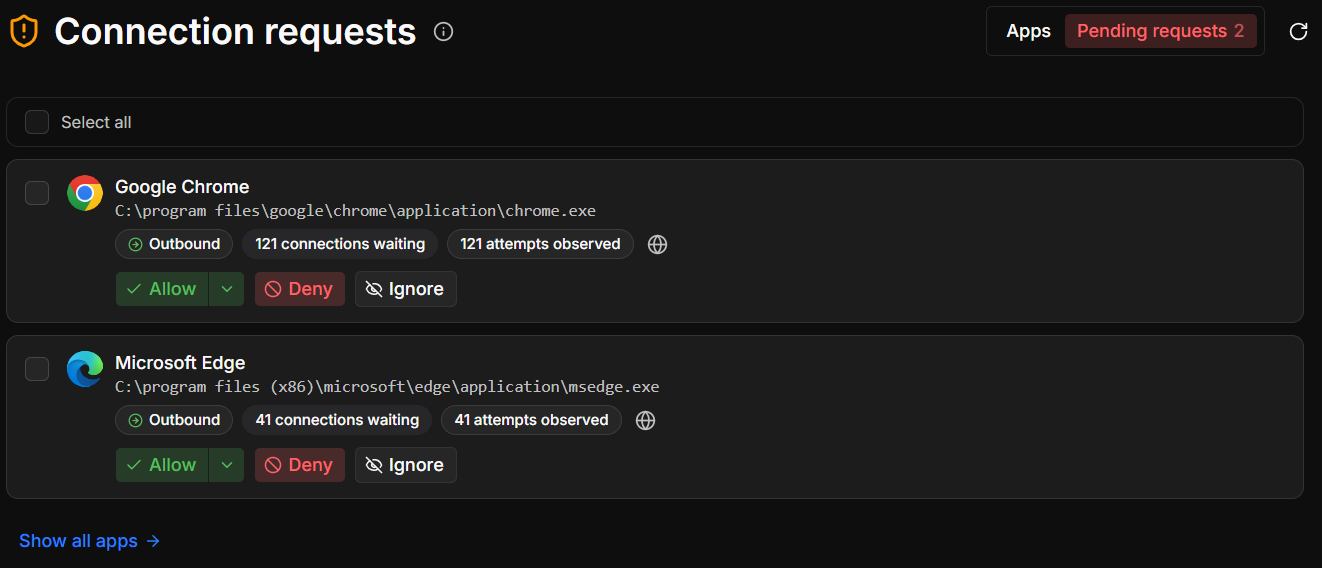 Each request shows the direction and how many connections are waiting. Two apps waiting for a decision on the Pending requests tab