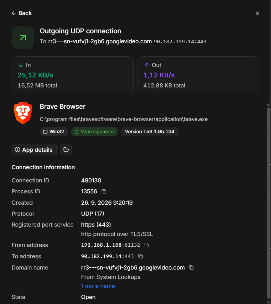 The details panel of an outgoing connection of Brave Browser