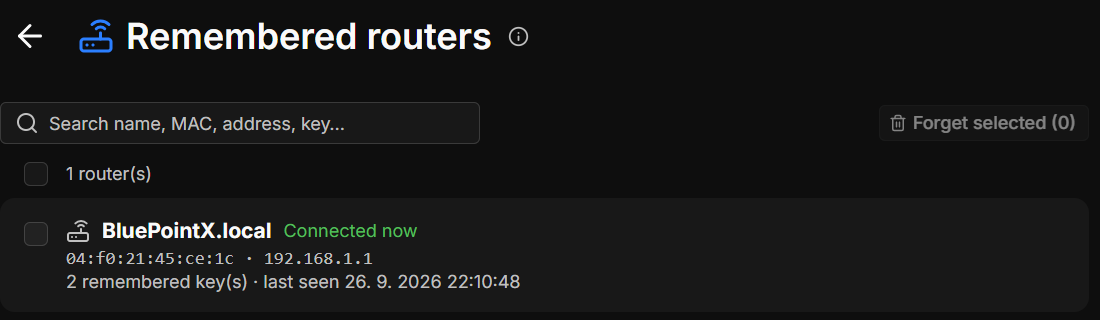 The Remembered routers page with one router