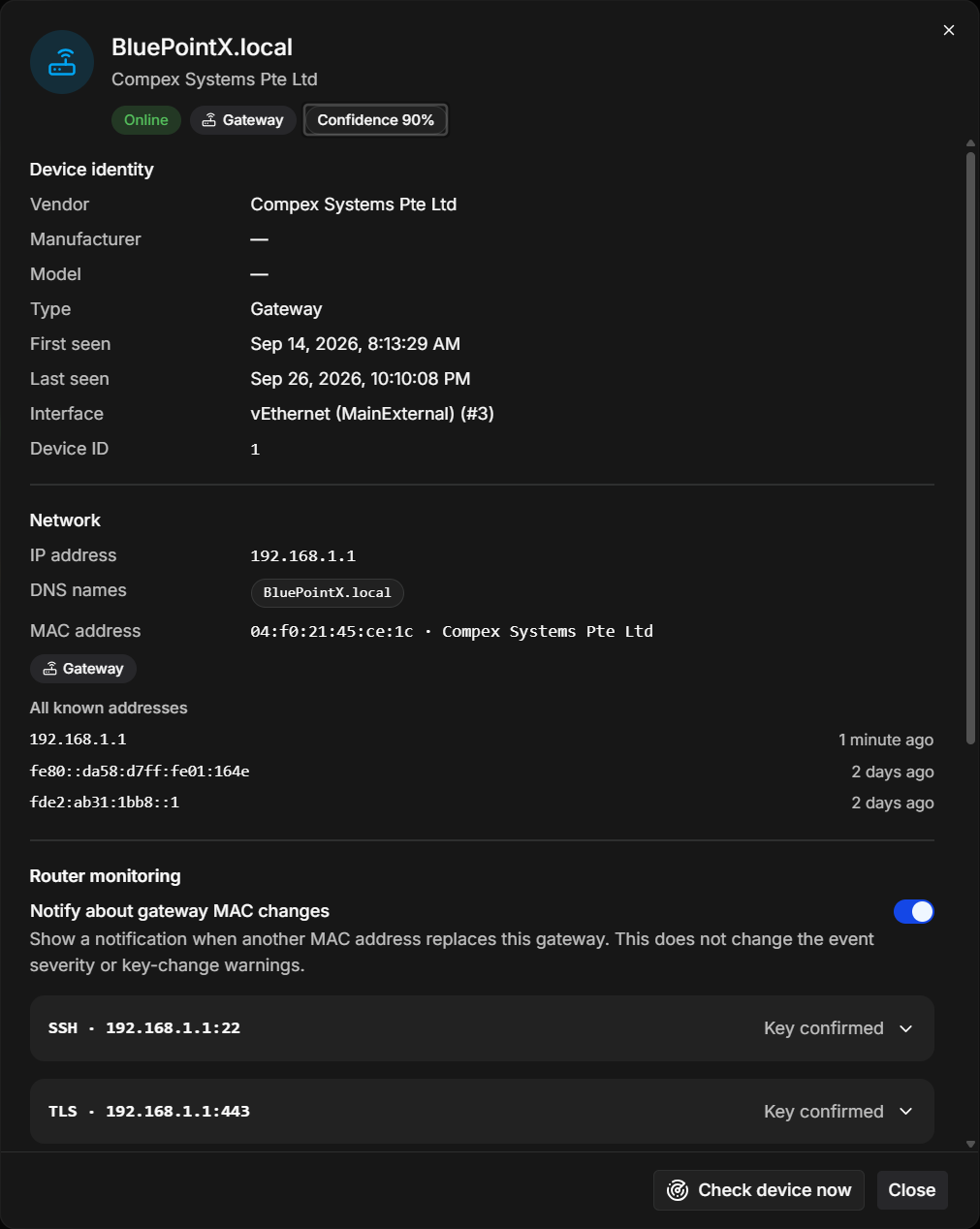 The router's details: its identity and addresses, and the confirmed SSH and HTTPS keys under Router monitoring. The details of a remembered router