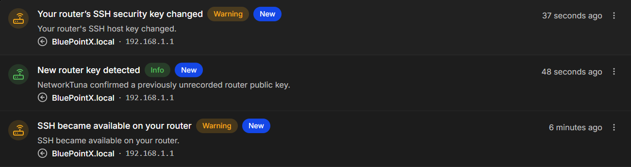 A changed SSH key, a new router key, and SSH that became available on the router. Router events in the event list