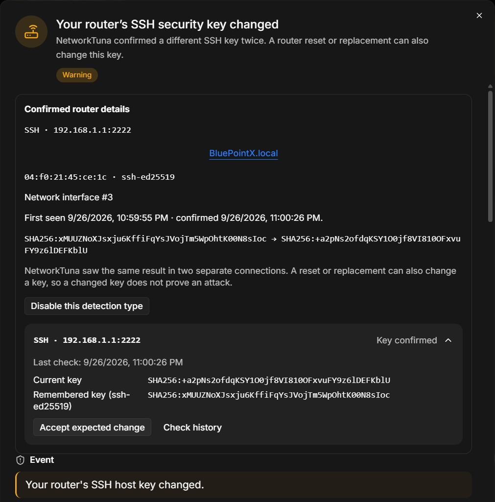 A changed SSH key: the old and the new key, and Accept expected change. The details of a changed router SSH key