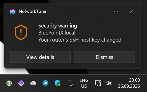 A NetworkTuna notification about a changed router SSH key