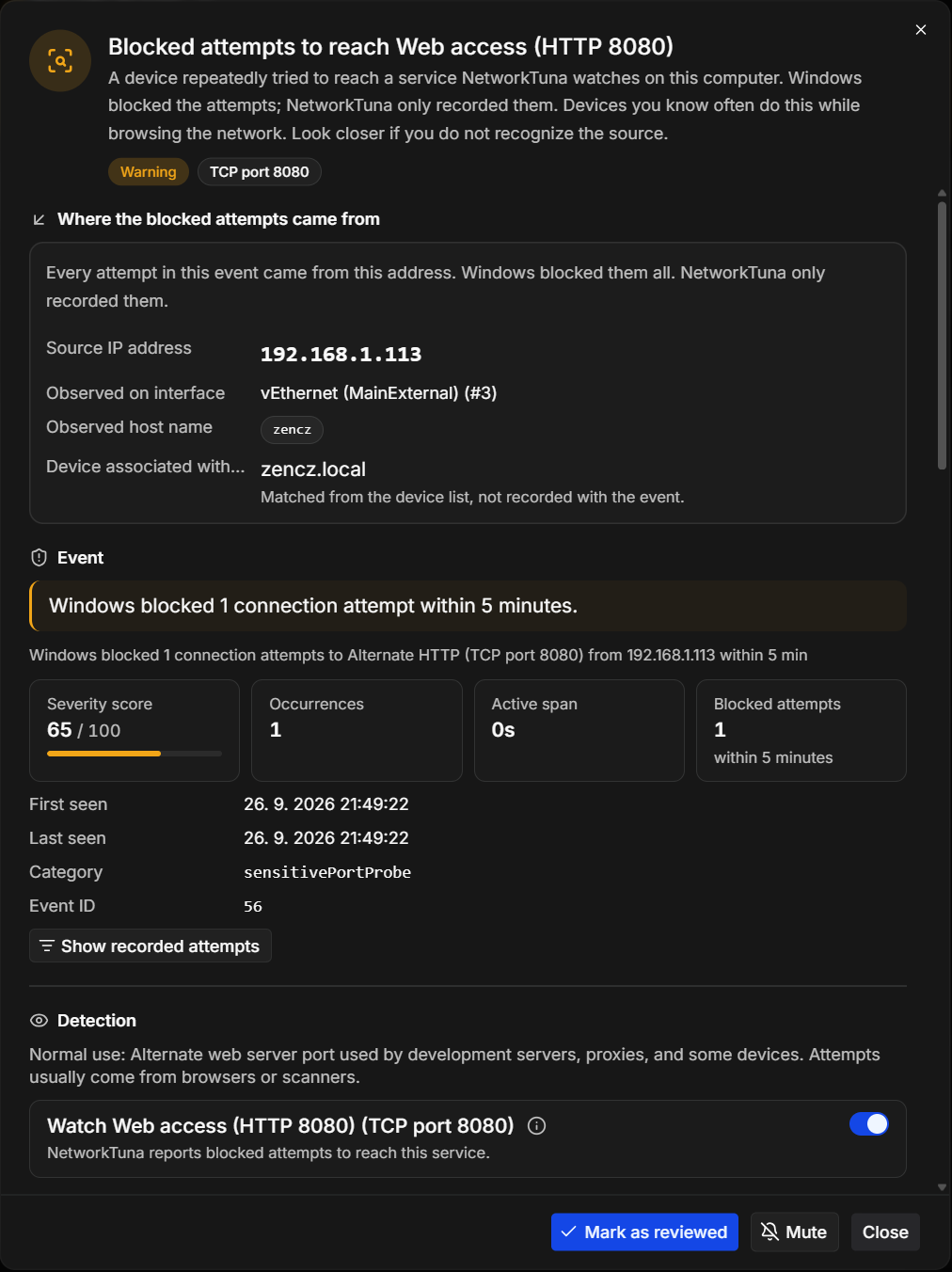 Event details: where the attempt came from, what Windows blocked, and the switch that stops watching this service. The details of a blocked attempt to reach a web service on port 8080
