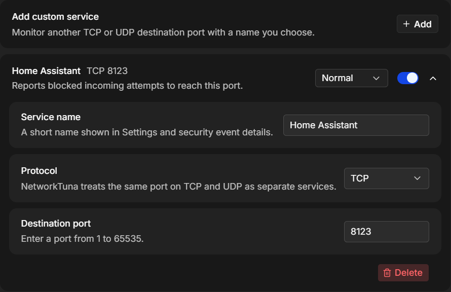 A saved custom service. Add at the top creates another one. A custom service for Home Assistant on TCP port 8123
