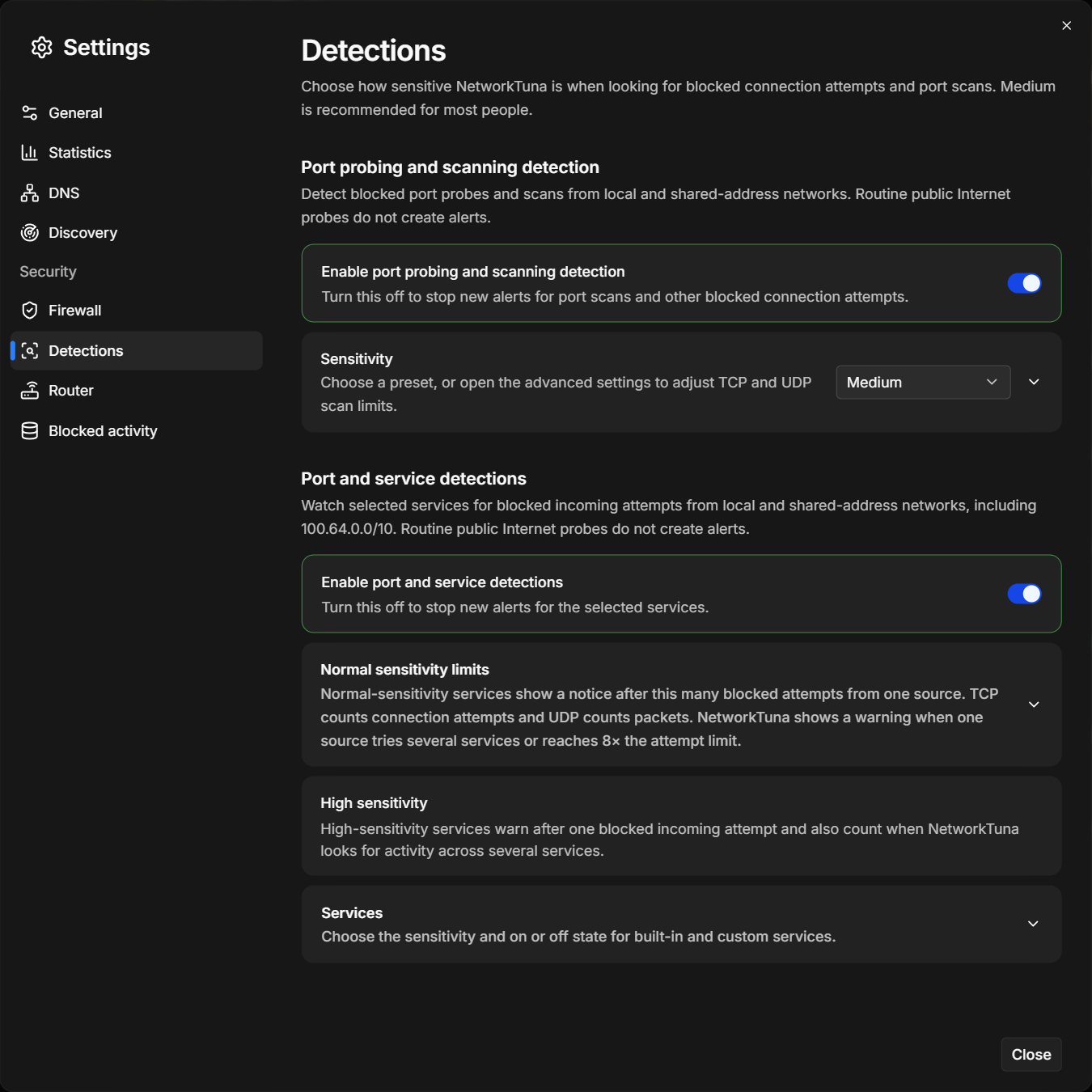 Detections: port scan detection with the Medium sensitivity, and the watched-service detections below it. Settings › Security › Detections