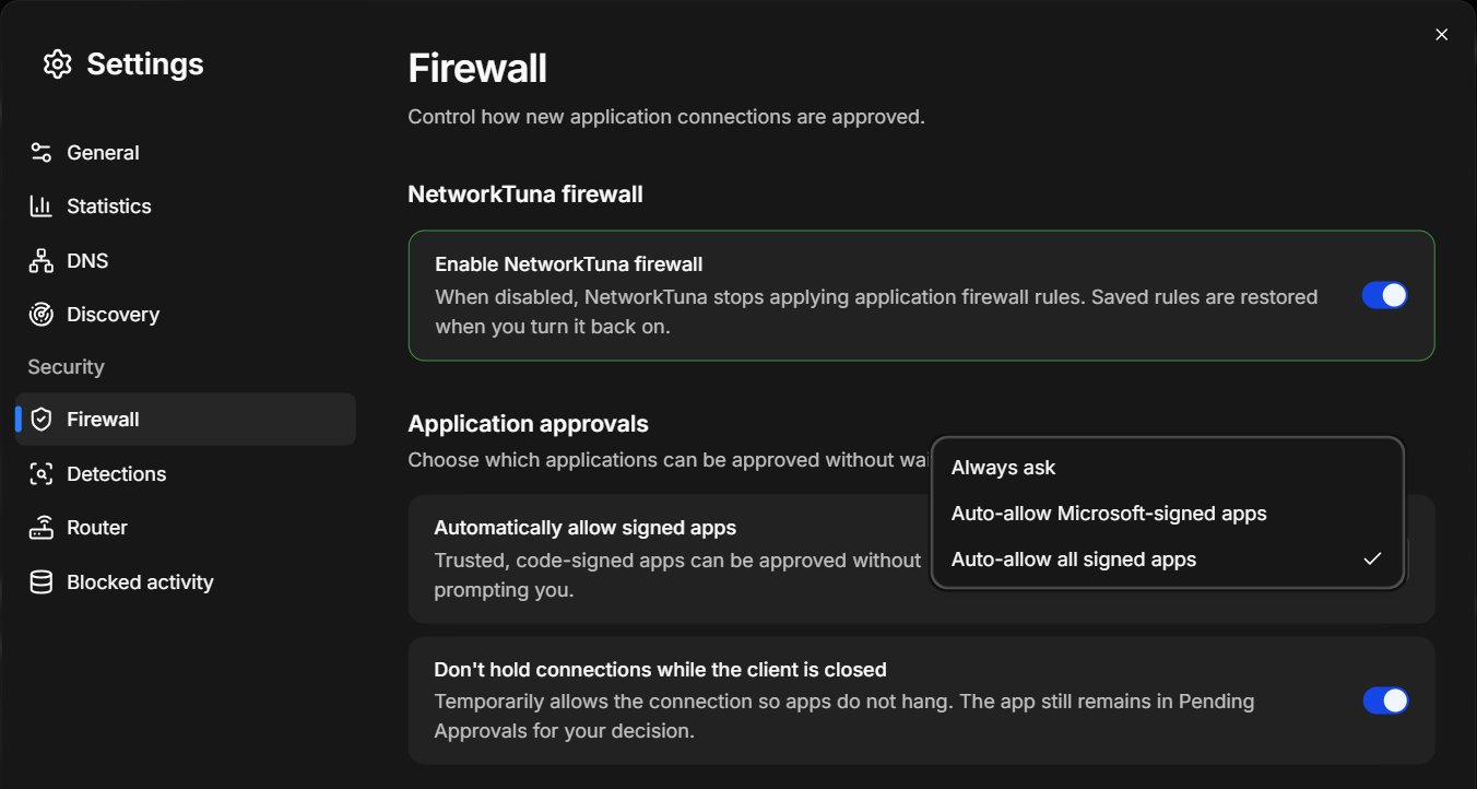 Settings with Security › Firewall selected and the Automatically allow signed apps options open