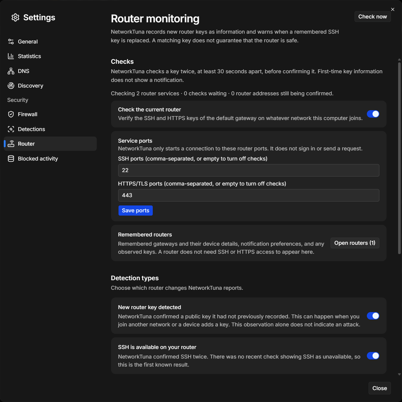 Router monitoring: the current router is checked on SSH port 22 and HTTPS port 443. Settings › Security › Router