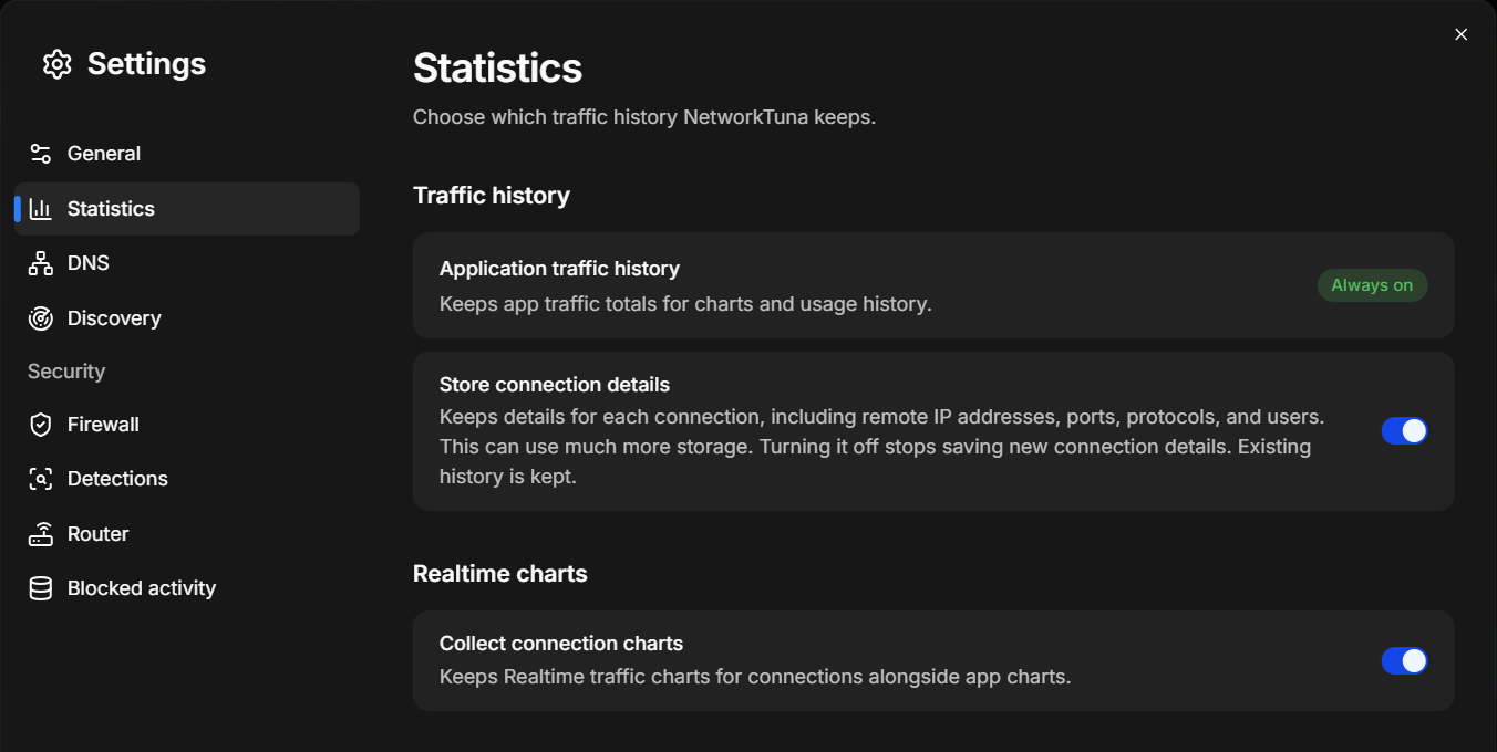 Settings › Statistics. Collect connection charts is turned on in this picture. Settings › Statistics