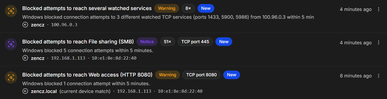 Attempts to reach several watched services, a notice about file sharing (SMB), and a warning about a web service on port 8080. Three watched-service events in the event list
